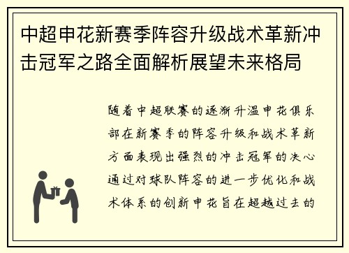 中超申花新赛季阵容升级战术革新冲击冠军之路全面解析展望未来格局